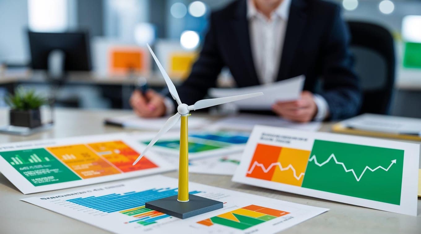A wind turbine model on a desk with energy analysis reports being reviewed