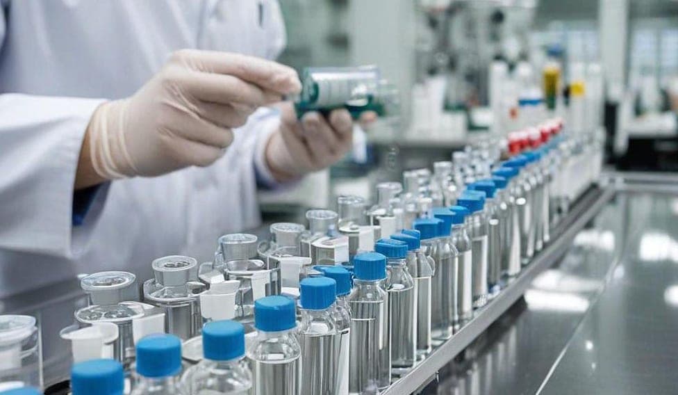 A researcher inspecting vials on a pharmaceutical production line