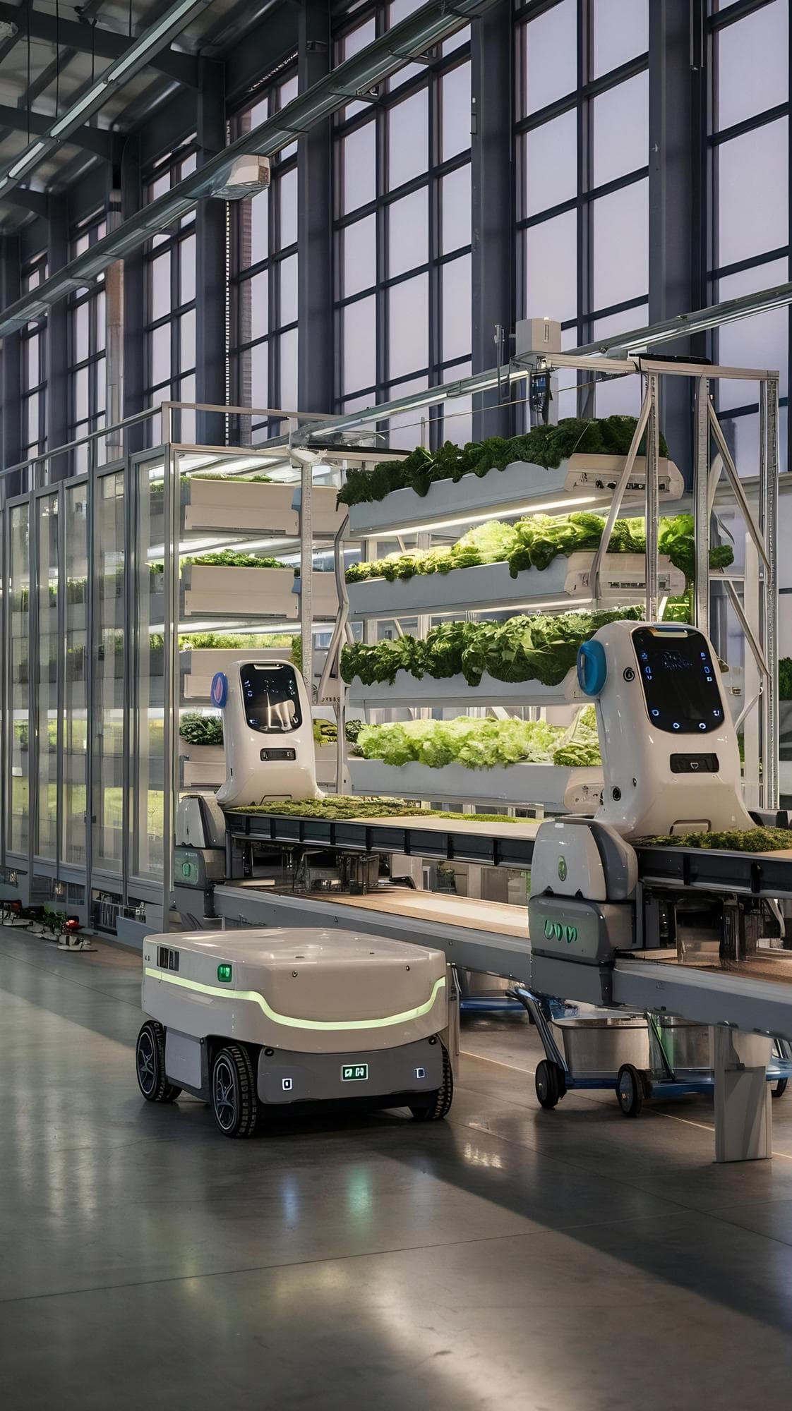 The line of an unstaffed vertical farm, worked by robots