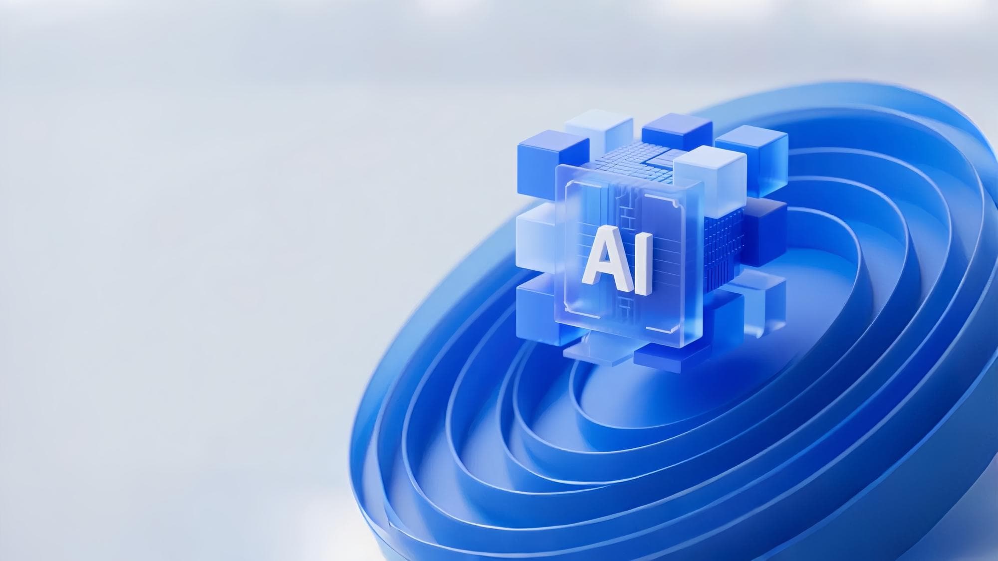 A cube marked AI at the centre of a blue vortex
