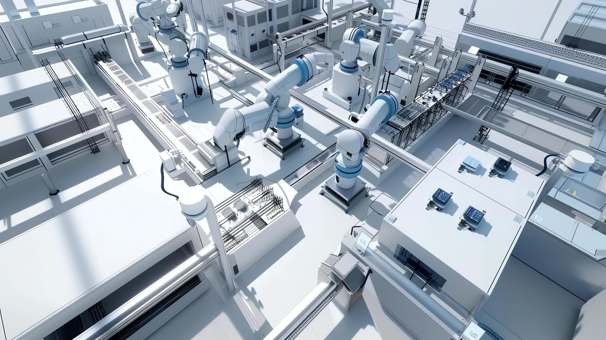 A smart factory line of robot arms and conveyors