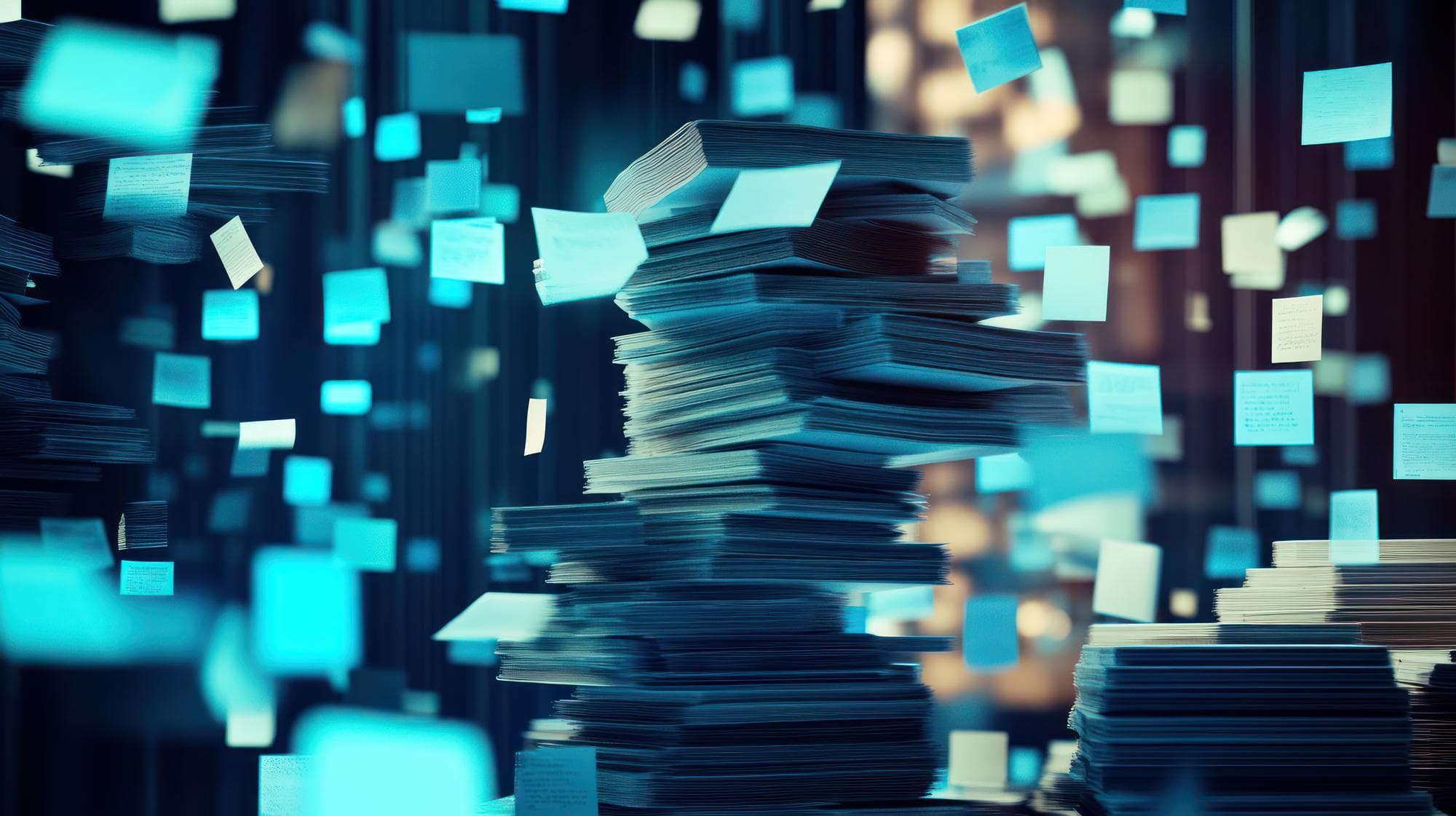 Stacked paper documents dispersing into blue data cards