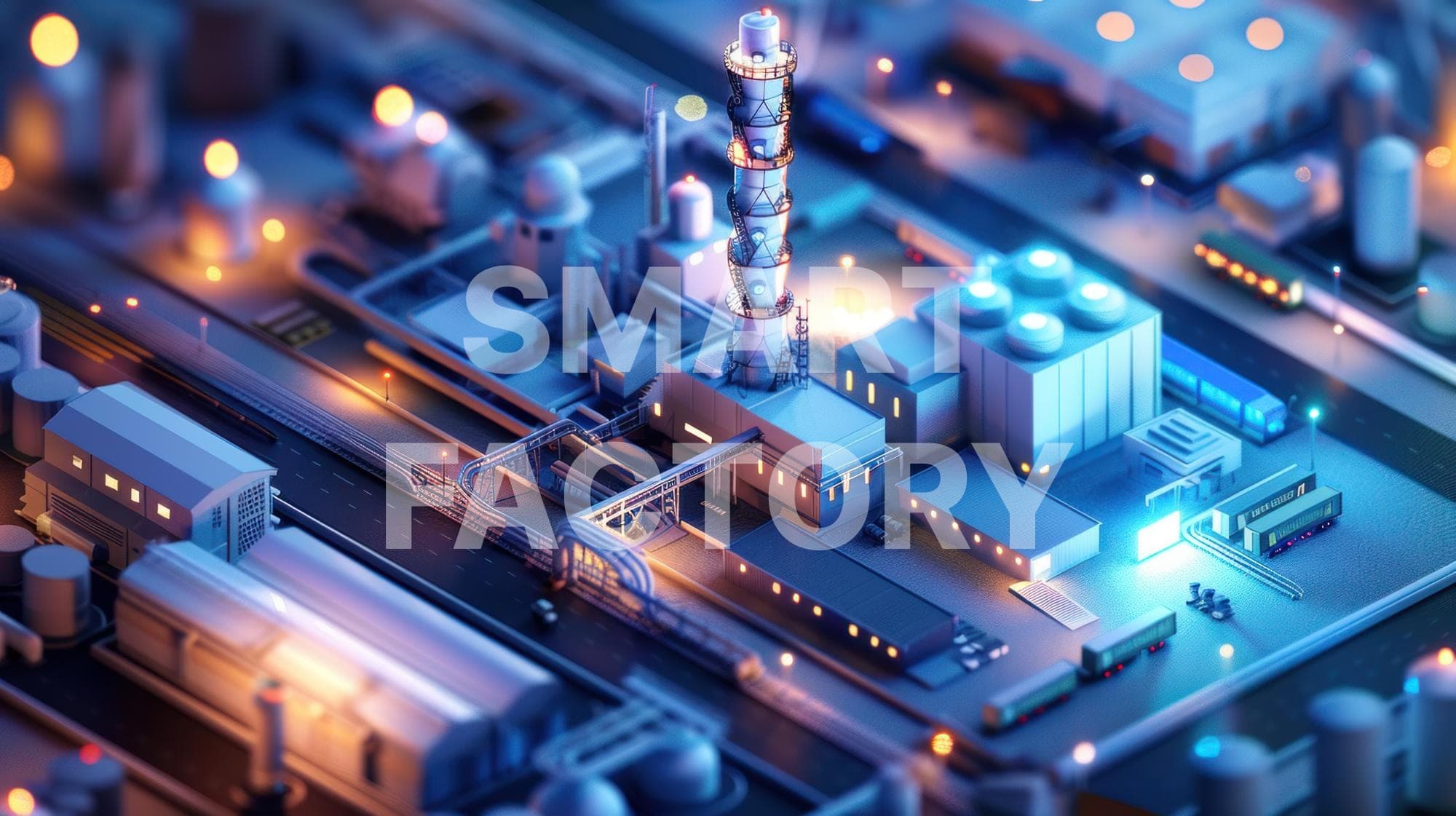 Isometric illustration of a smart factory complex, lettered "SMART FACTORY"