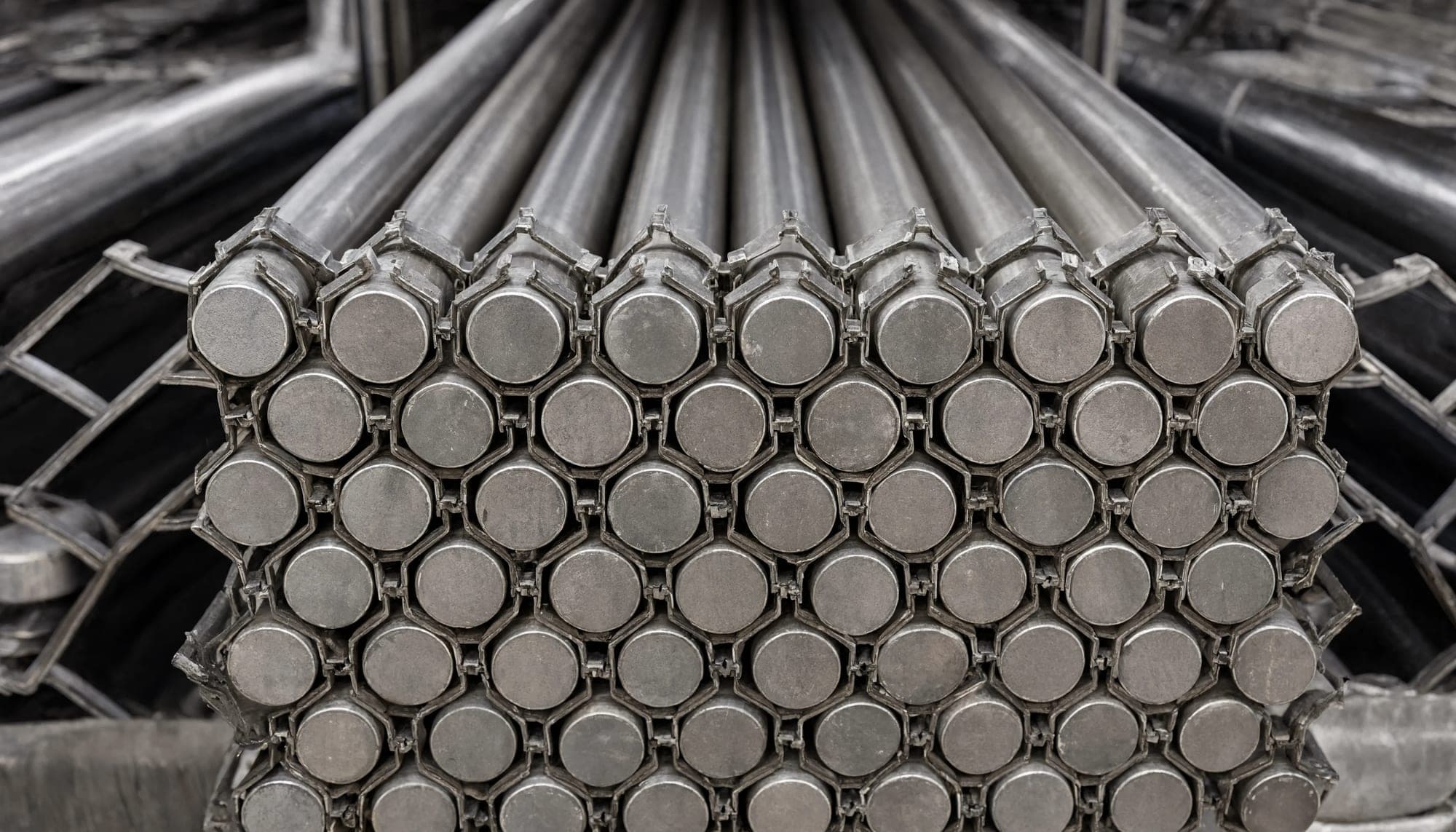 A stack of steel pipes seen end-on