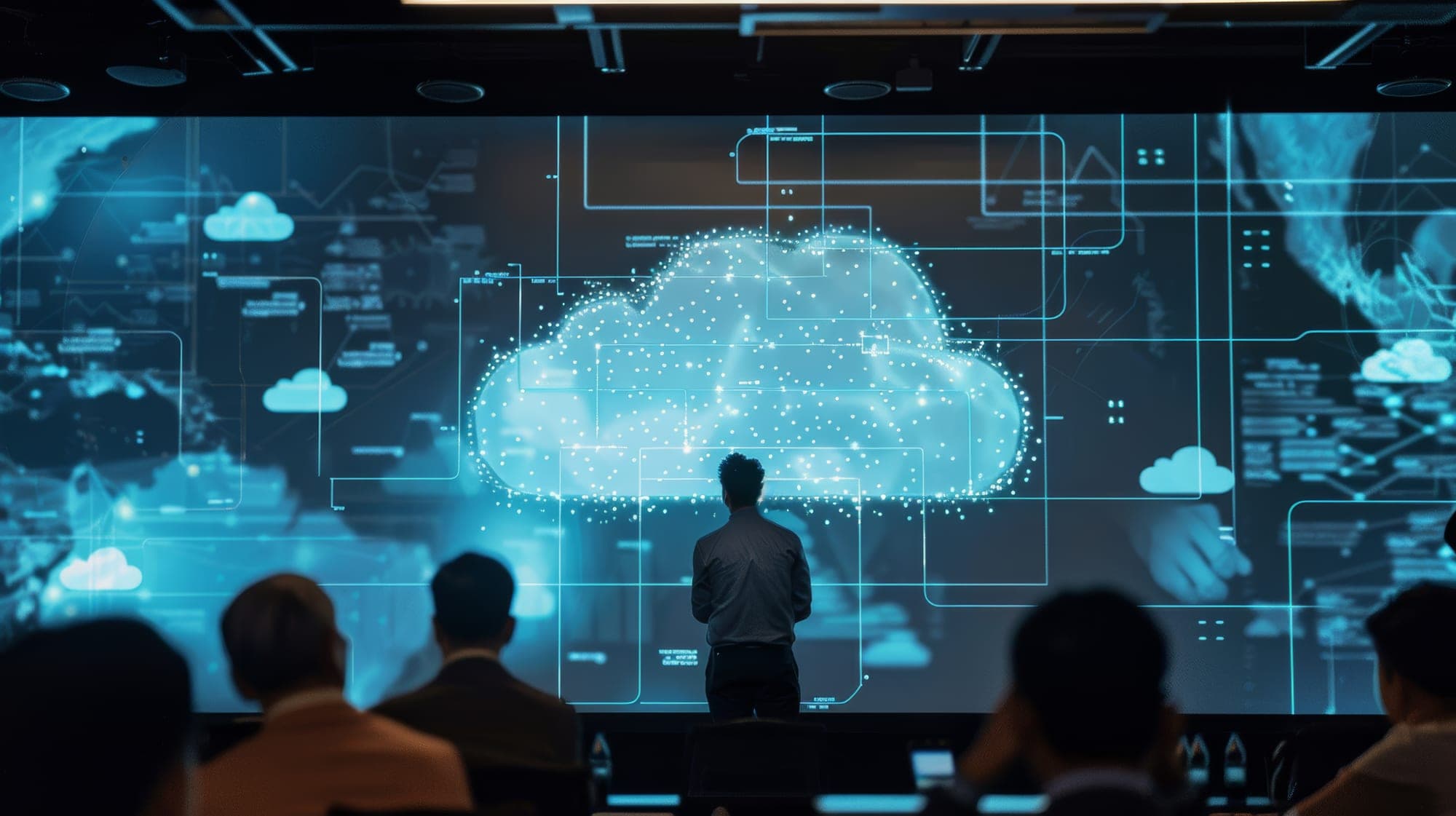 A presentation in front of a large screen showing a cloud architecture diagram