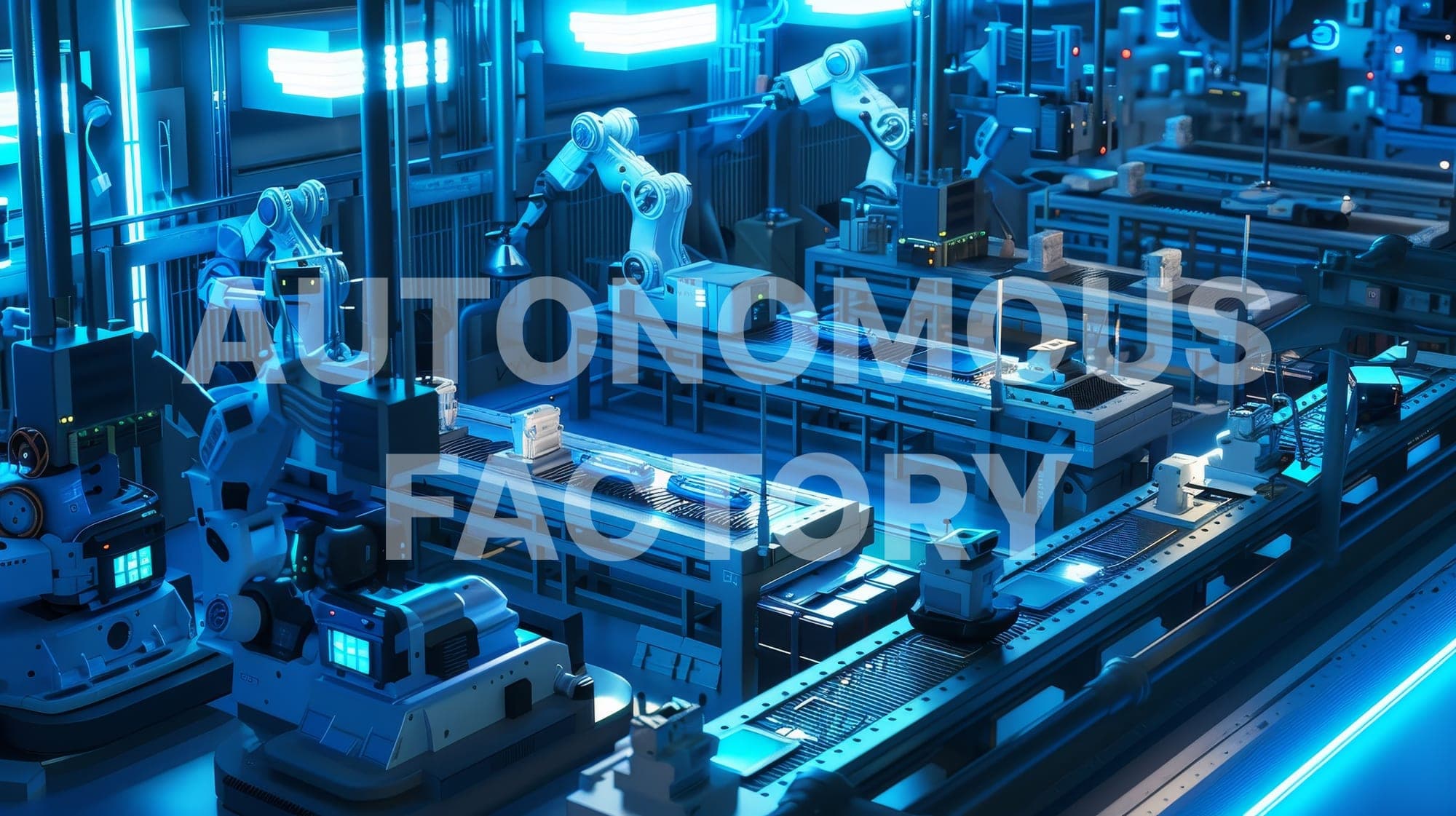 Illustration of an automated production line of robot arms, lettered "AUTONOMOUS FACTORY"