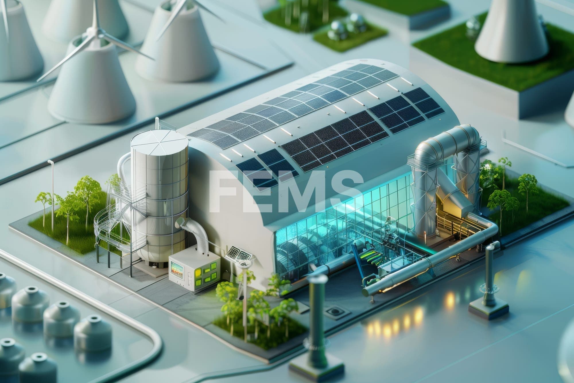 Illustration of an eco-friendly plant with solar panels and wind turbines, lettered "FEMS"
