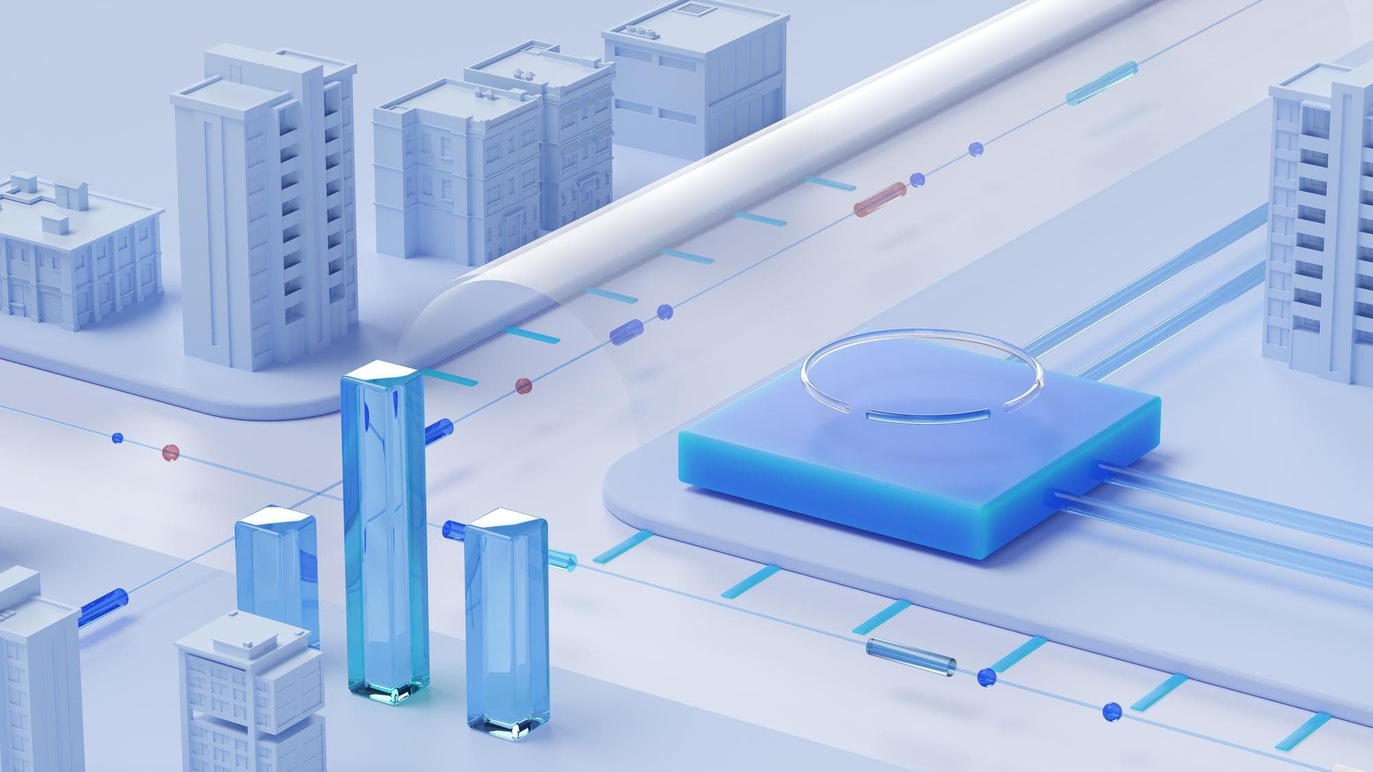 A blue-toned 3D model of a plant site, with data lines linking its buildings and equipment