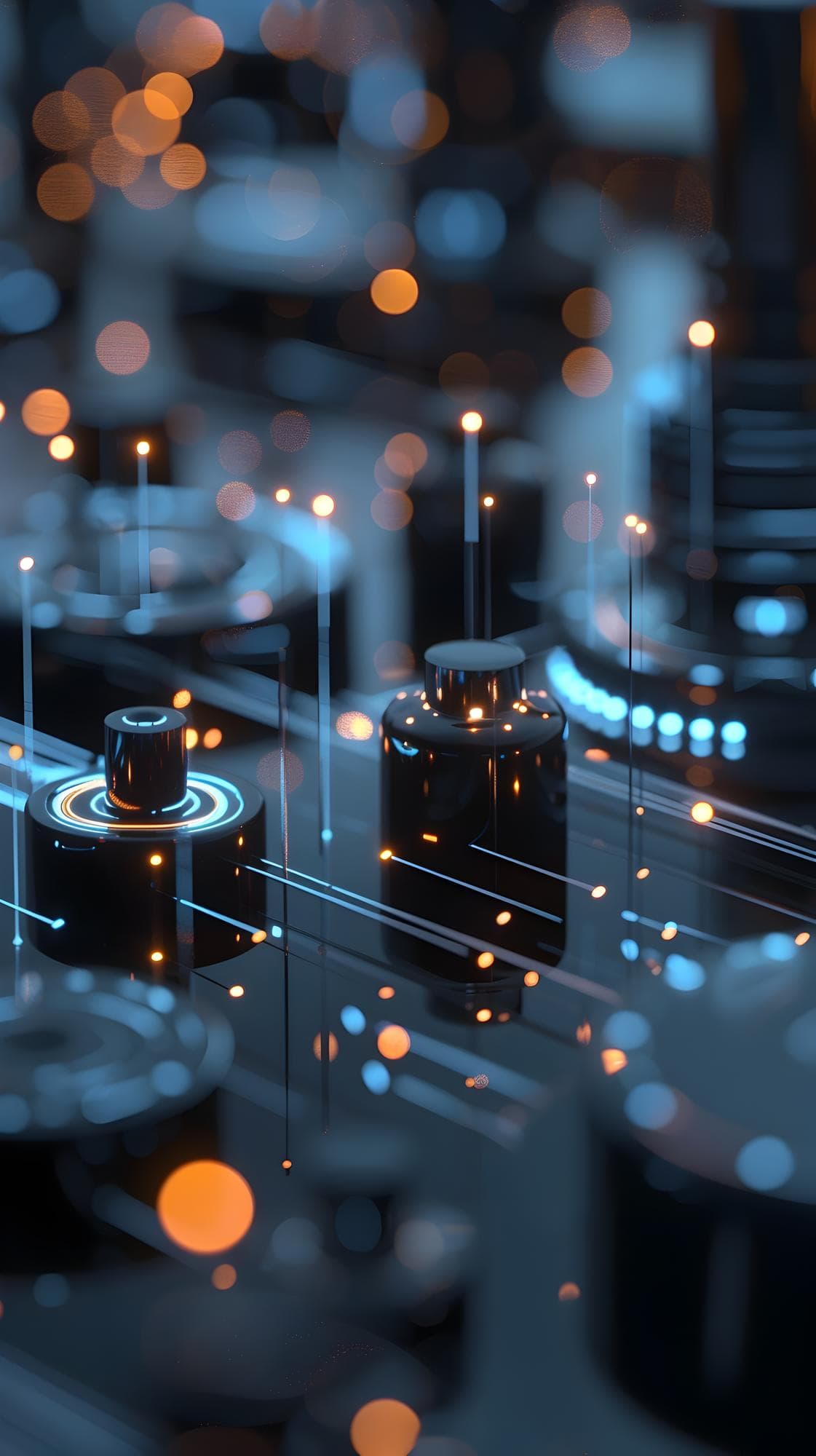 An abstract image of lit signal lines running across dark equipment