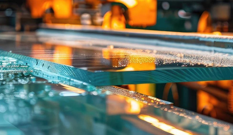 A sheet glass line passing in front of a melting furnace