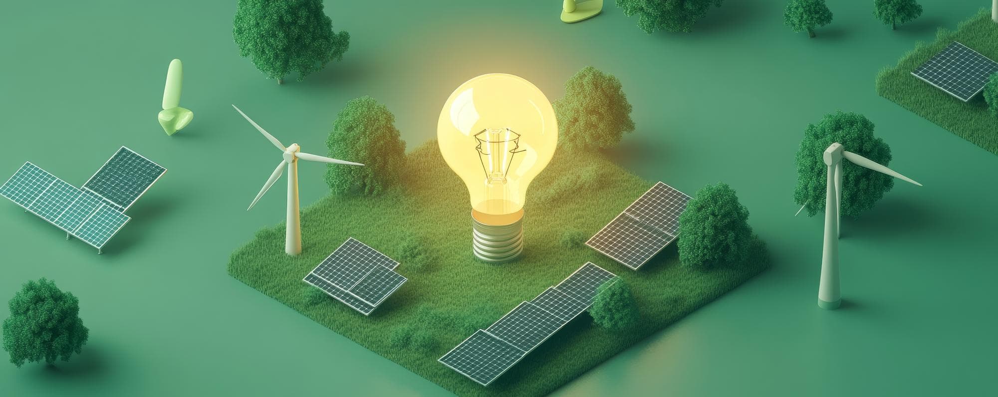 A miniature lit bulb on a patch of grass ringed by solar panels and wind turbines