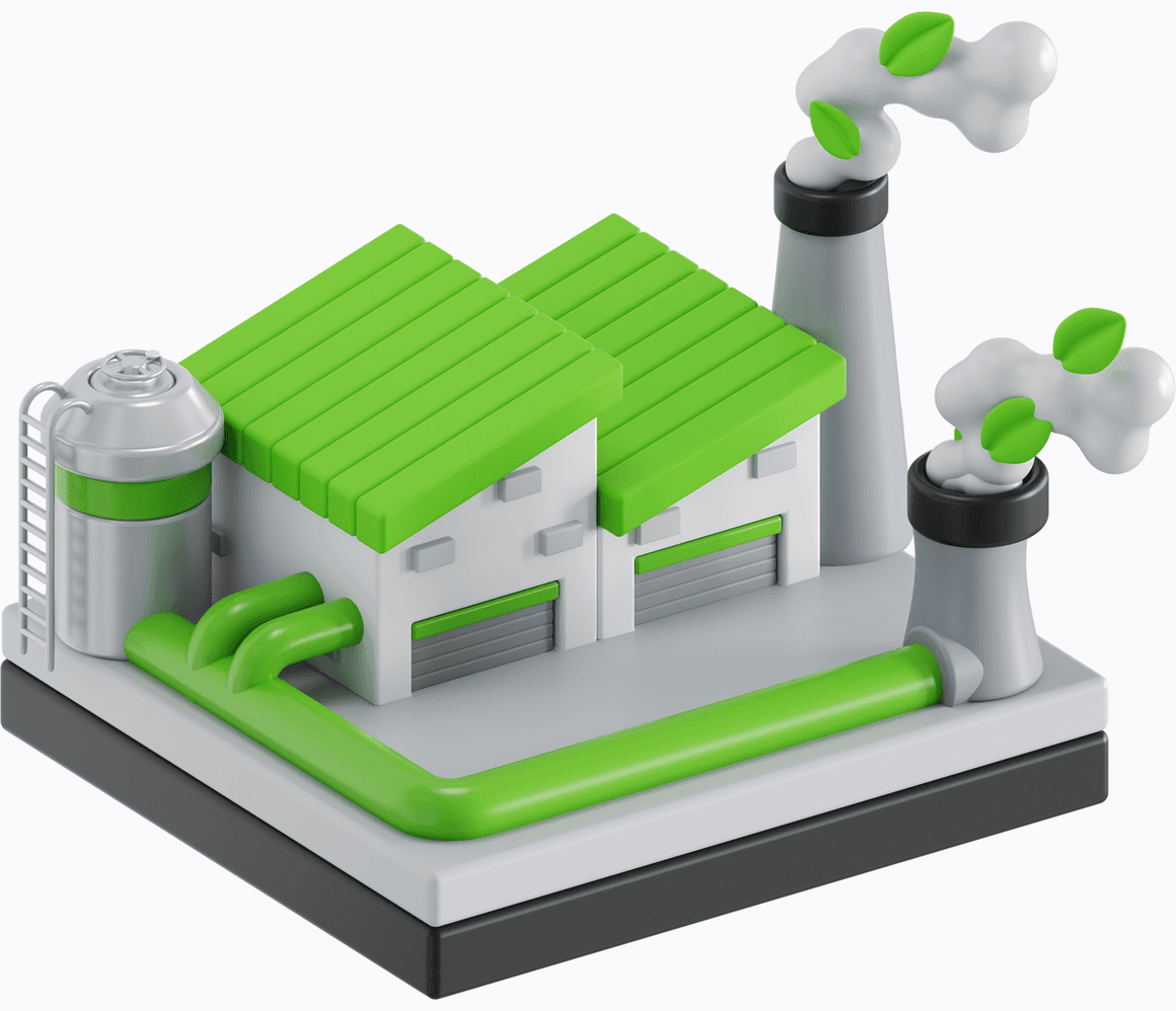 3D illustration of a green factory whose chimney smoke turns into leaves