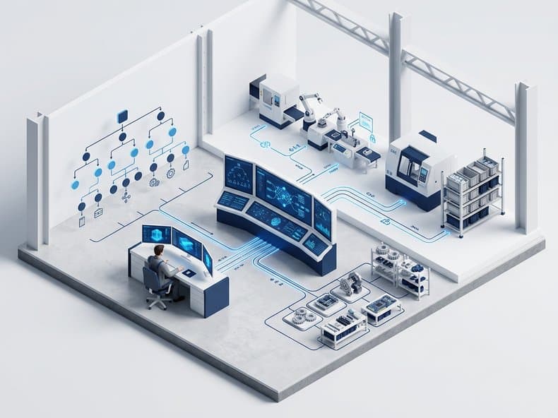 Isometric scene of a smart factory with master data connected around MES