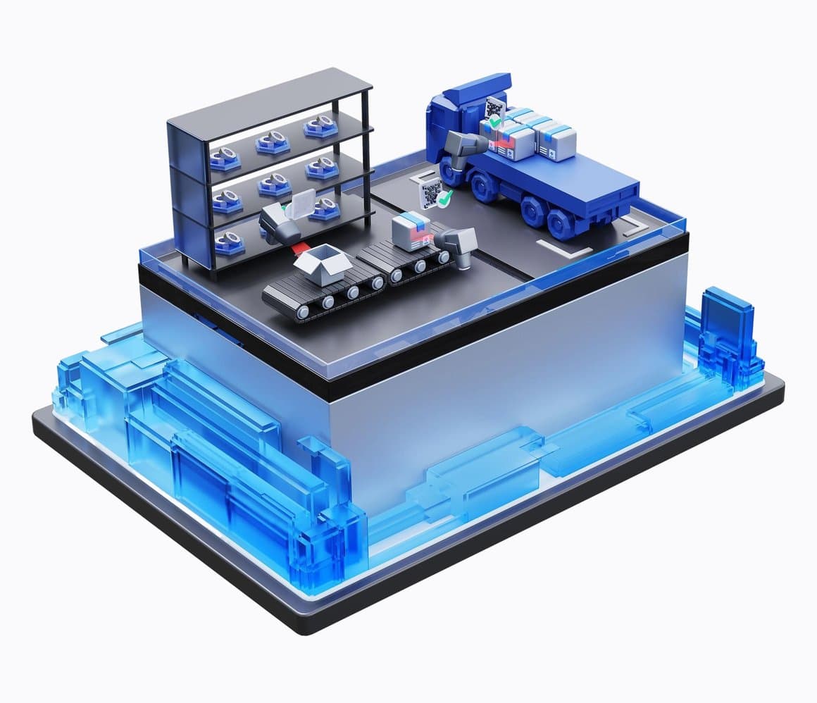Isometric scene of a smart factory with master data connected around MES