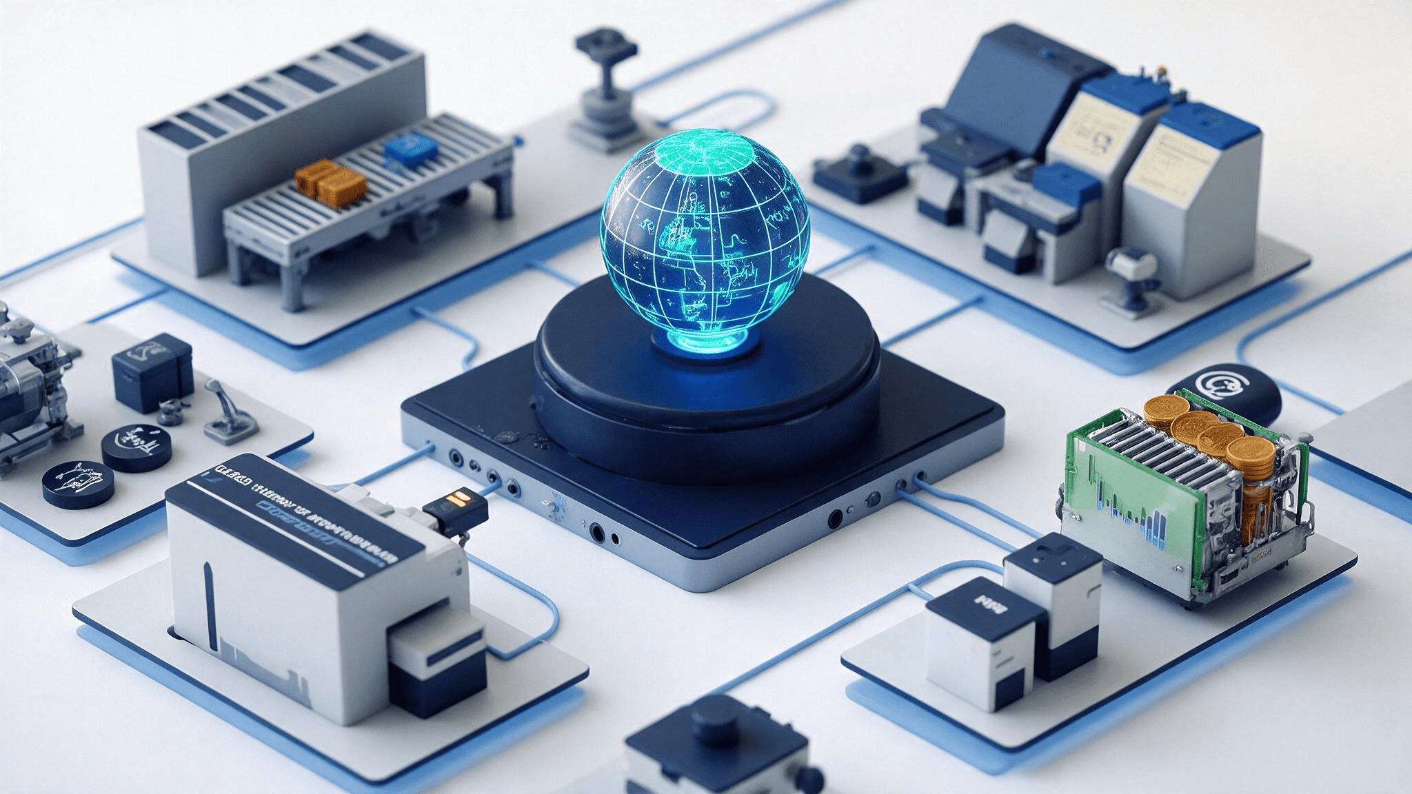 A 3D illustration linking factory equipment, inspection gear, and data boards to a holographic globe at the center